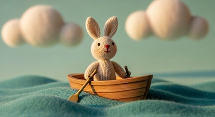 Whimsical Knitted Rabbit Toy Sailing in a Small Wooden Boat on a Dreamy Aqua Sea with Soft Clou