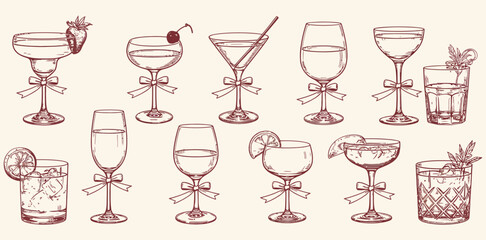 Vector art of elegant cocktail glasses with ribbons isolated on white background, perfect for creating stylish invitations and decorations for parties and celebrations
