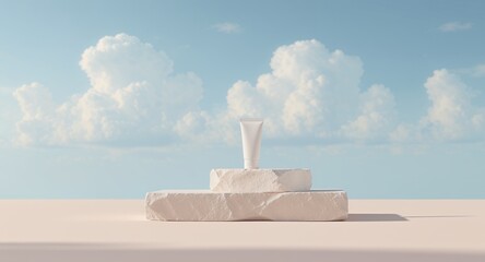White Cosmetic Tube on Natural Stone Pedestals Under Clear Blue Sky with Fluffy Clouds  Produc