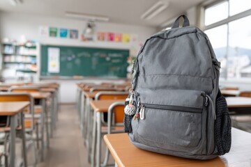 Gray student's backpack placed on a desk in a deserted classroom in Japan, symbolizing absence and the impact of school closures