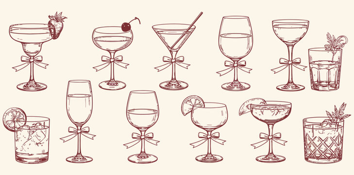 Vector art of elegant cocktail glasses with ribbons isolated on white background, perfect for creating stylish invitations and decorations for parties and celebrations