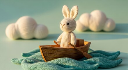 Whimsical Knitted Bunny Toy in Wooden Boat Navigating Textured Water with Fluffy Clouds Backgro
