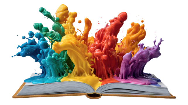 Artistic Spectrum: A book comes alive as vibrant hues burst forth, showcasing the explosive power of imagination, inspiration, and artistic creativity.