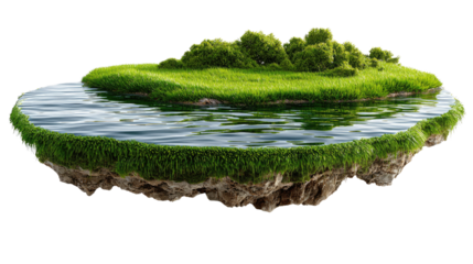 Floating Island of Serenity: A whimsical portrayal of a lush, grassy island floating on tranquil waters, conjuring a sense of peace and idyllic escape.