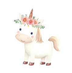 Fototapeta premium Cute Watercolor Unicorn with Floral Crown