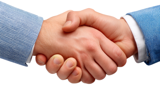 Handshake: A close-up captures two hands clasped in a firm, professional handshake, symbolizing agreement, partnership, and mutual respect.