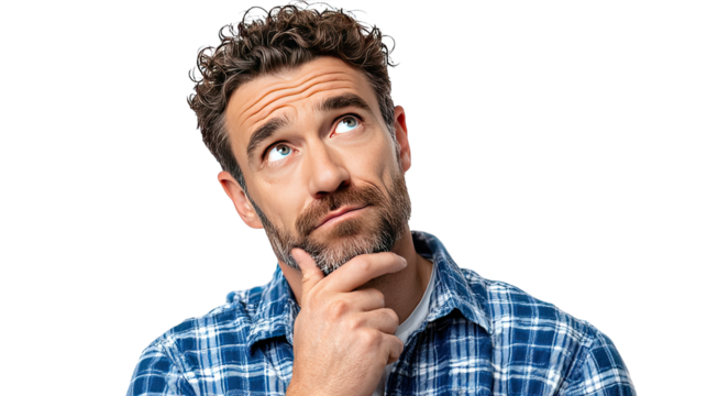 Man in Contemplation: A close-up portrait of a thoughtful middle-aged man deep in thought, hand on chin. capturing the intense focus and introspection