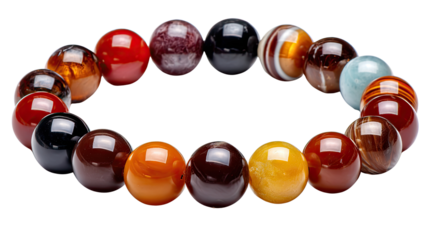 Colorful Bead Bracelet: A stunning bracelet composed of an array of vibrant, polished beads, each showcasing unique patterns and hues, rests elegantly in a photorealistic presentation.