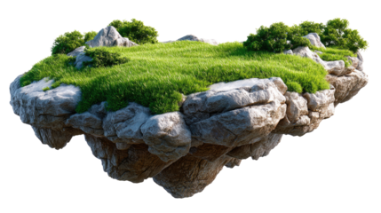 Floating Island: An image of a floating island featuring a vibrant green grassy surface and lush foliage, providing a surreal and whimsical landscape