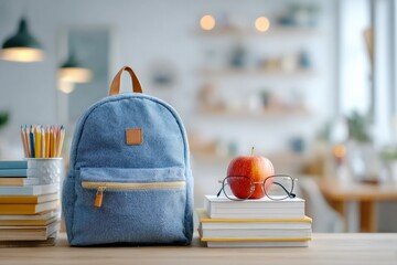 School supplies including blue backpack, books, colored pencils and apple are placed on a table in a classroom, waiting for the student to come back to school