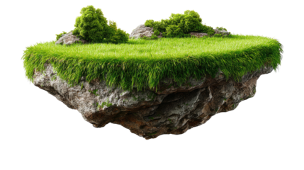 Floating Island: A whimsical floating island of lush green grass, verdant vegetation, and rugged rocks, creating a dreamlike landscape isolated on a white backdrop.