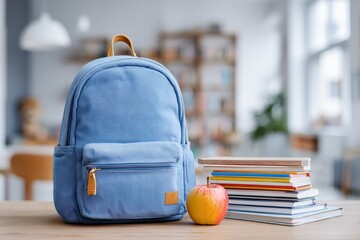 Light blue backpack resting on a wooden desk, surrounded by books and an apple, symbolizing preparation for the first day of school