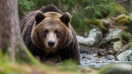 A brown bear stands in a shallow stream, looking directly at the viewer, surrounded by foliage in a natural setting. 