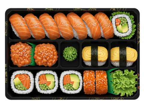Assortment of delicious japanese sushi and rolls including salmon nigiri and avocado maki isolated on transparent background