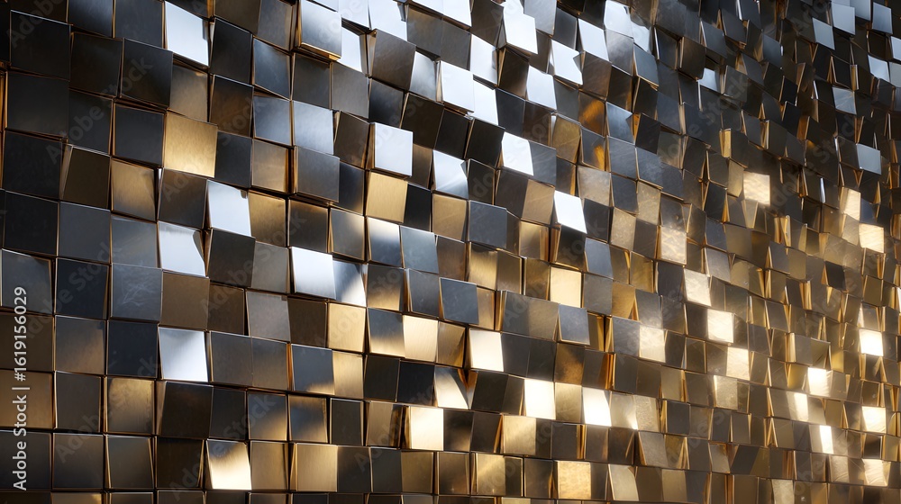 Aufkleber abstract cubes: a mesmerizing wall of metallic cubes catches the light, creating a dynamic and moder