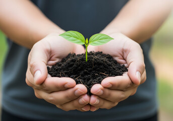 Hands holding a small plant sprout in soil