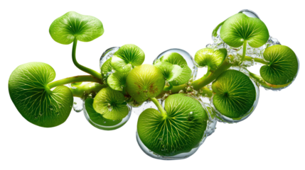 Water Plant Macro: a close-up photograph, capturing the details of a green water plant floating on water with small water bubbles, offering a calming, natural view