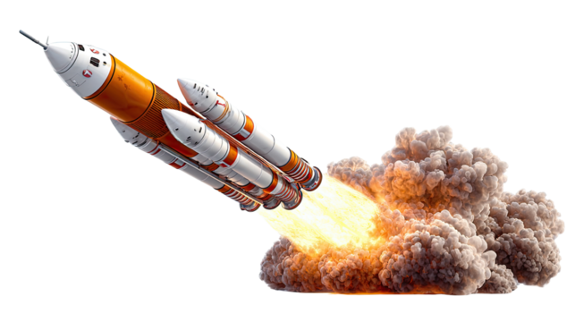 Cosmic Ascent: An artist's depiction of a powerful rocket launching, leaving a trail of fiery exhaust and smoke - Powered by Adobe