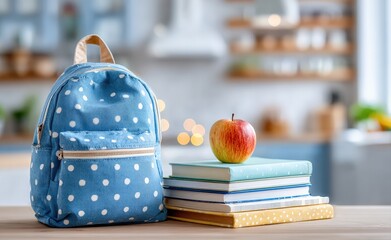 Back to school scene featuring a colorful backpack, stacked books, and a shiny apple arranged on a table in a modern kitchen setting