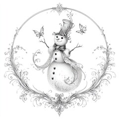 Ornate Snowman with Butterflies in Decorative Frame