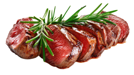 Succulent Steak with Rosemary: a culinary masterpiece showcasing slices of perfectly cooked steak, adorned with fresh rosemary, evoking a sense of culinary sophistication and appetite.