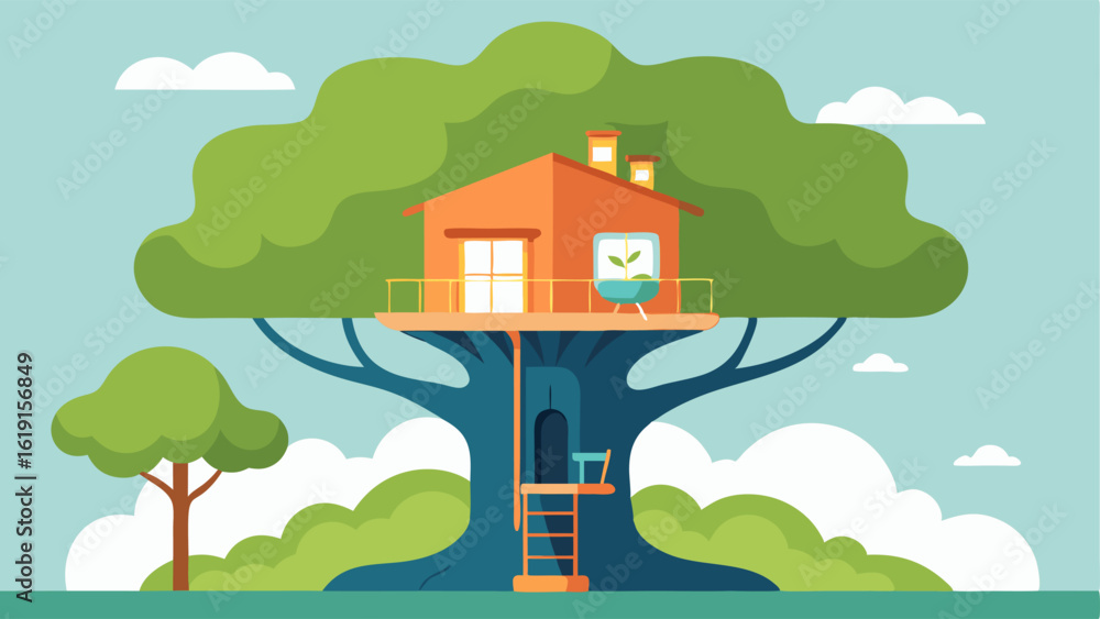 Poster branch view living a tall sy tree with a spacious living area built into its trunk complete with ove