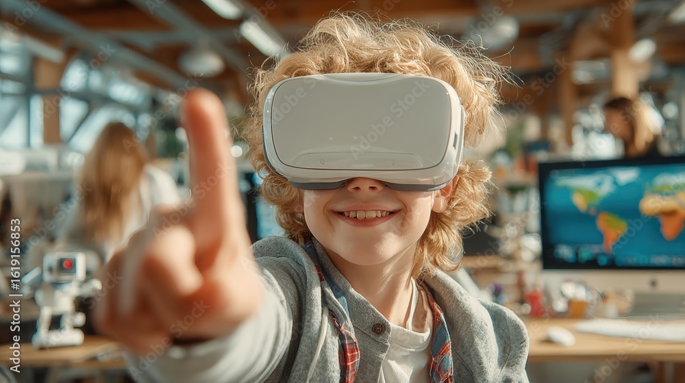 Poster elementary school student wearing virtual reality headset is interacting with simulation during stem
