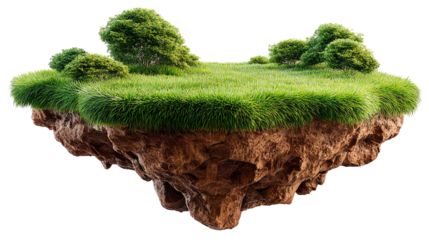 Floating Island: A small patch of earth and greenery levitates serenely, forming a surreal natural landscape. The scene is alive with verdant grass, and textured earth.