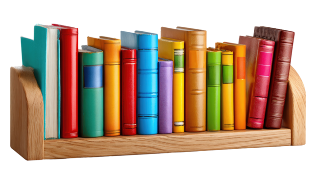 Shelf Full of Stories: A vibrant assortment of bound literature rests neatly in a wooden rack, creating a colorful tableau for any reader to enjoy