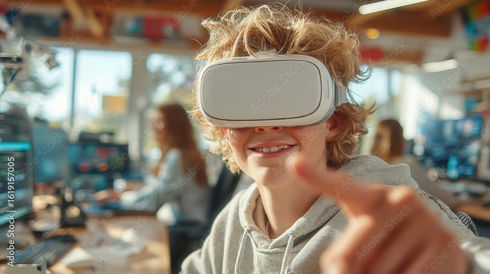Poster smiling young developer experiencing virtual reality using vr headset, pointing finger and enjoying 