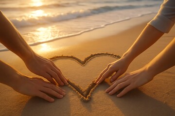 Hands drawing heart shape on sandy beach at sunset image