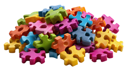 Colorful Puzzle Pieces: A vibrant assortment of interlocking puzzle pieces, each a unique shape and color, piled together in a playful, eye-catching display.