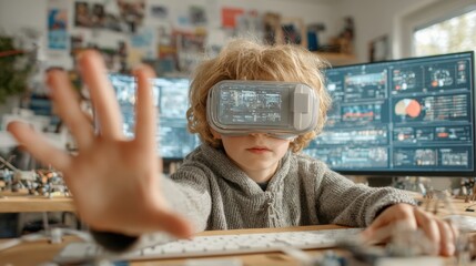 Child wearing a VR headset is engaging with a vibrant virtual reality experience at his desk, immersed in a world of digital exploration