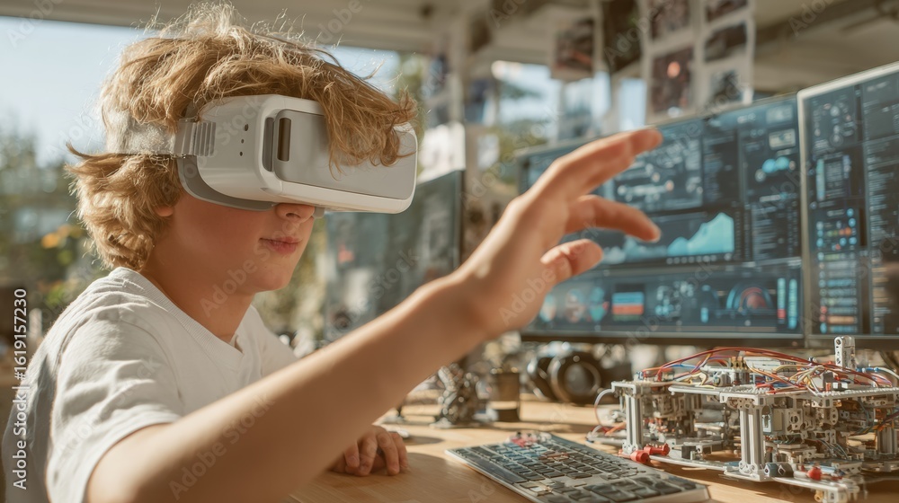 Poster child using vr headset is interacting with data on computer screens, working on a complex electronic