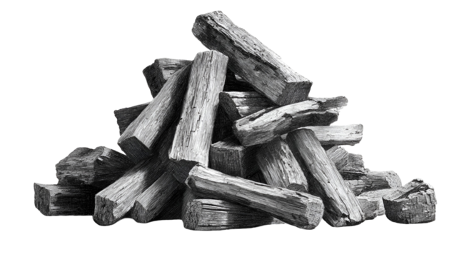 Charcoal pile black and white drawing wood fuel energy