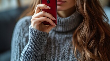 Woman in cozy sweater calmly holding smartphone close to her face, making call. Soft, comforting indoor setting. Importance of quick access to help on National Emergency Number Day