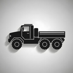 Fototapeta premium Black silhouette of a truck with six wheels on gray background military truck icon, minimal design, flat shadows, black and gray palette