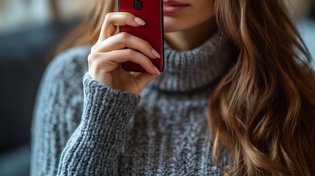 Woman in cozy sweater calmly holding smartphone close to her face, making call. Soft, comforting indoor setting. Importance of quick access to help on National Emergency Number Day