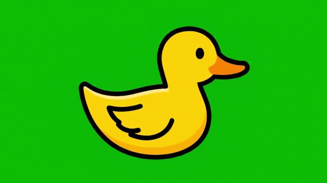 A yellow cartoon duck with a black outline facing right set against a solid green background