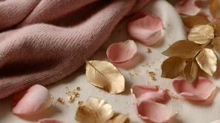 Soft textures and colors with scattered rose petals and gilded leaves create a gentle composition.