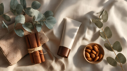 Natural beauty product flatlay with eucalyptus, almonds, and cinnamon on cream fabric. Soft, cozy, neutral.