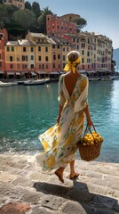 A woman in a flowing floral dress carries a basket of lemons along a waterfront promenade in a picturesque coastal town, bathed in warm sunlight.