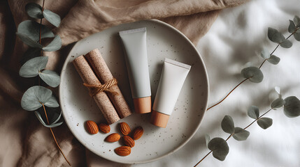 Neutral toned beauty products with nuts and greenery arranged on a decorative plate on a neutral cloth.