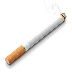 A close up shot of a lit cigarette with smoke rising against a white background in a studio setting