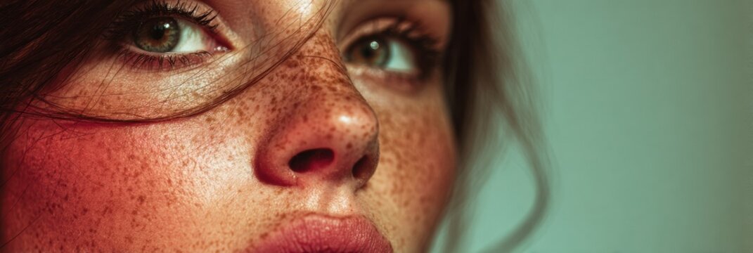 Bold Freckled Face With Artistic Filter on Gradient Background Captures Natural Beauty and Confidence in a Serene Setting