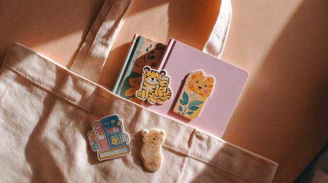 Flat lay of a children's librarian's tote: stickers, storybook, finger puppet, and bookmark on pale peach. stock image - Powered by Adobe