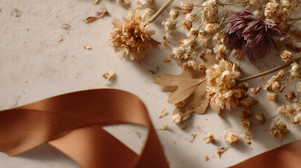 Rustic Floral Arrangement with Ribbon, featuring dried flowers and a warm, neutral palette on textured surface