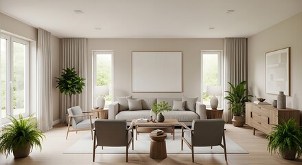 A bright and airy modern living room featuring a comfortable sectional sofa, accent chairs, a coffee table, and abundant natural light streaming through larg...