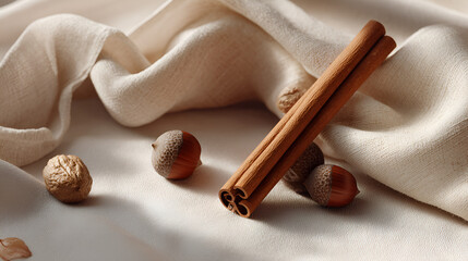 Still life of cinnamon sticks and acorns on a draped, light fabric surface creating warm, natural tones.
