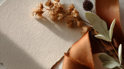 Neutral-toned invitation mockup with dried flowers and ribbon for a rustic, elegant or vintage aesthetic.